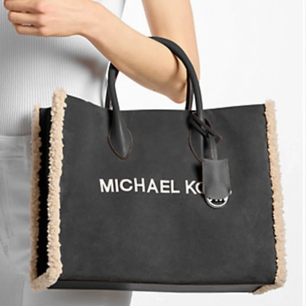 MICHAEL KORS Mirella Medium Suede and Faux Shearling Tote Bag Black  NWT